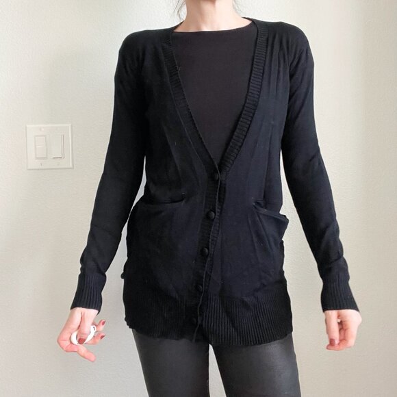Y2K Central Park West Draped Back Cardigan Sweater β Black V-Neck Button Front - Picture 2 of 9
